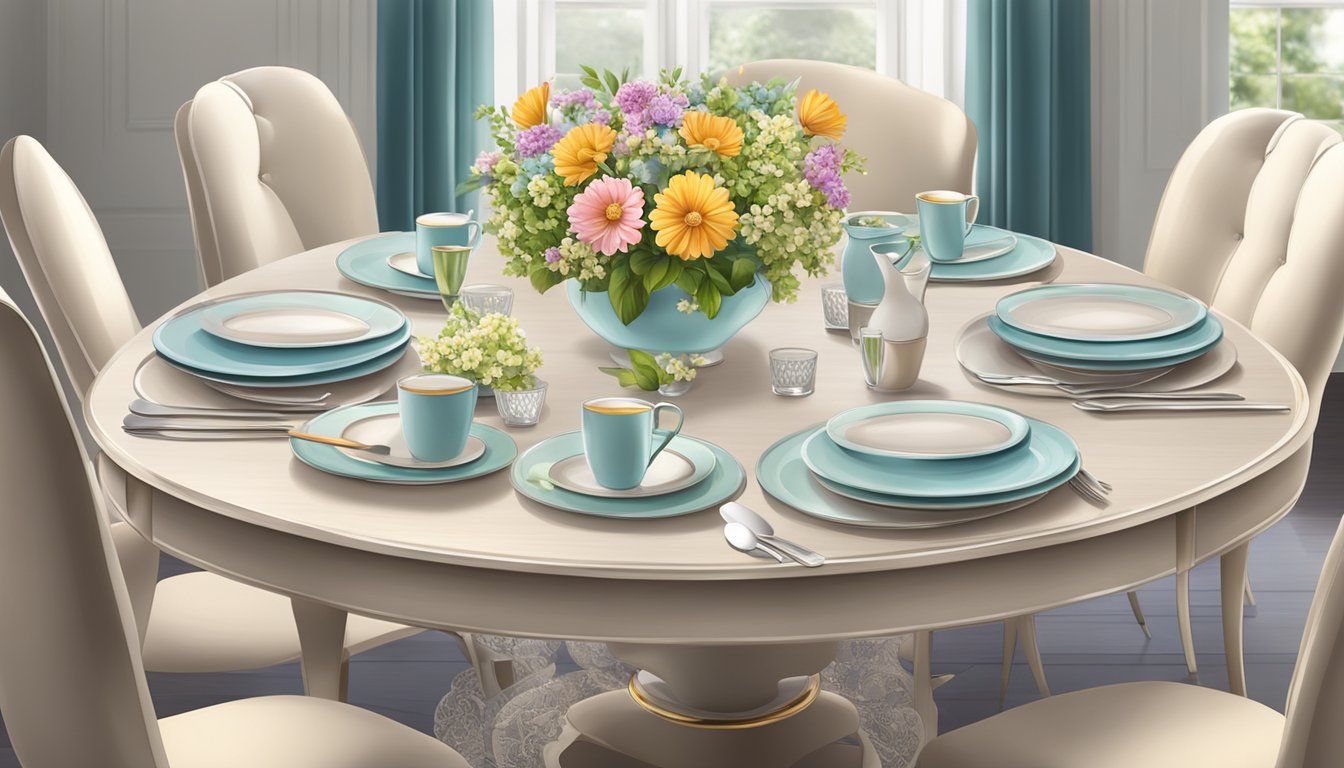 A round dining table surrounded by matching chairs, set with elegant tableware and a centerpiece of fresh flowers