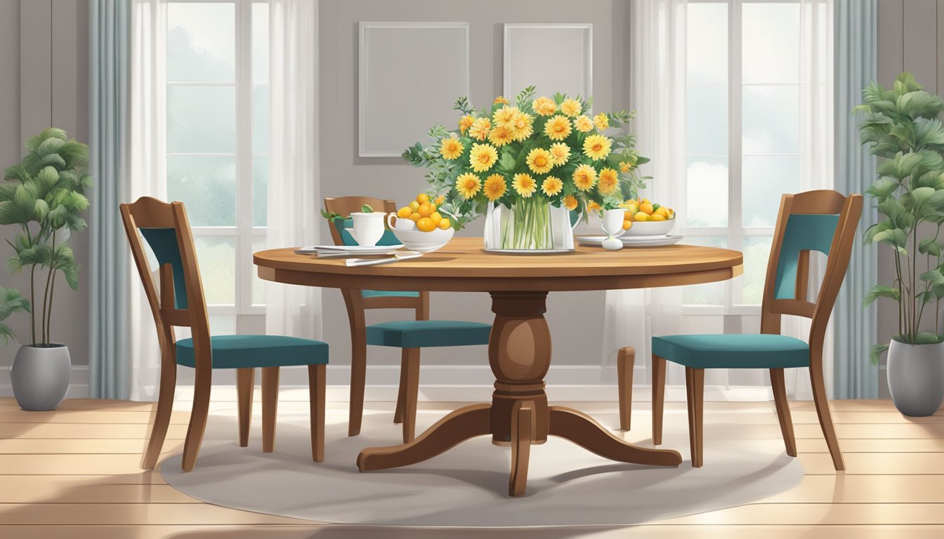 A round dining table set with four chairs, a tablecloth, and a centerpiece of fresh flowers on a polished wooden table