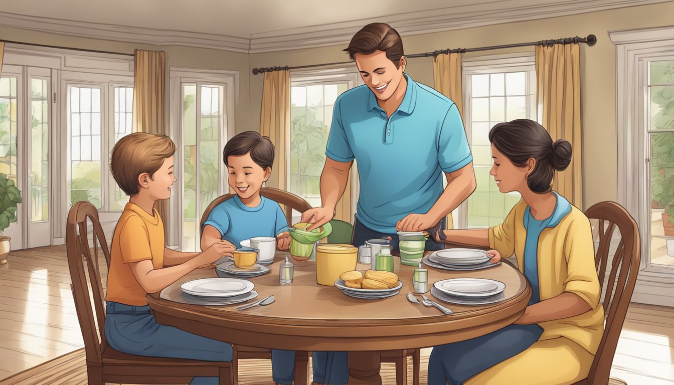 A family purchases a round dining room set, then receives aftercare instructions from the salesperson