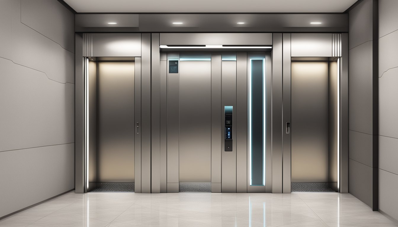 A modern HDB lift with sleek metallic doors and digital floor display