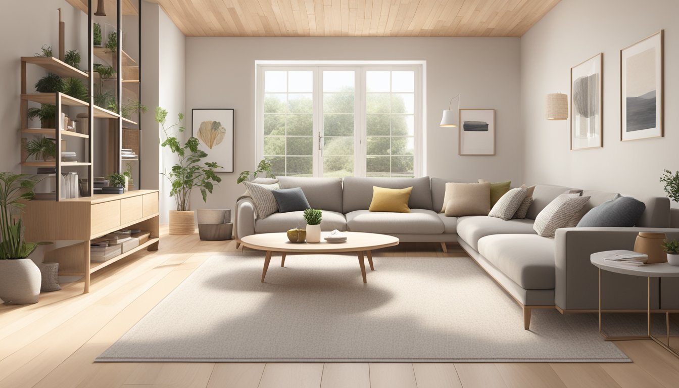 A cozy living room with clean lines, natural materials, and minimalistic furniture. Light wood floors, neutral color palette, and plenty of natural light