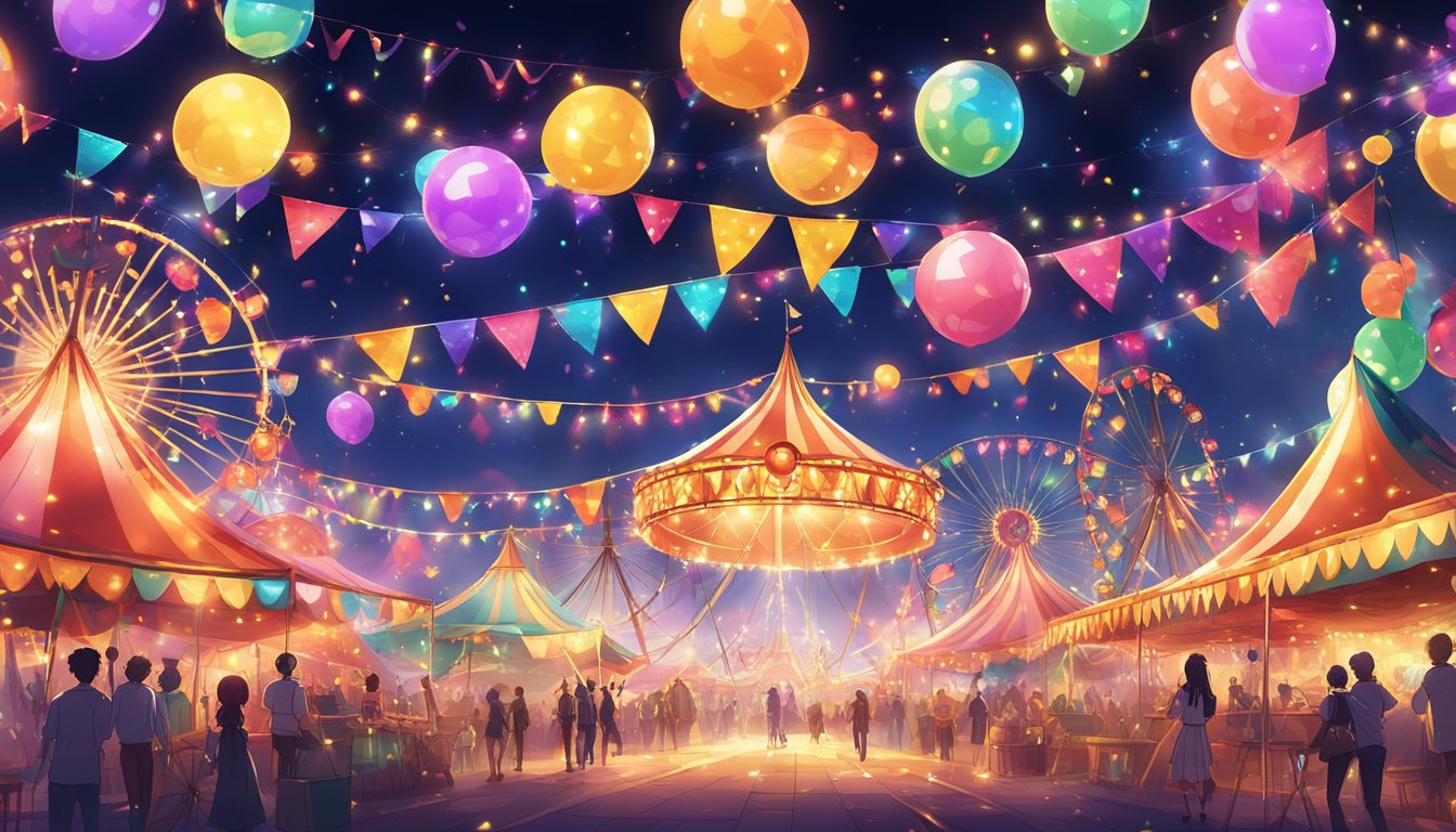 A vibrant carnival theme with colorful banners, streamers, and circus tent decorations. Bright lights, confetti, and whimsical props create a festive atmosphere