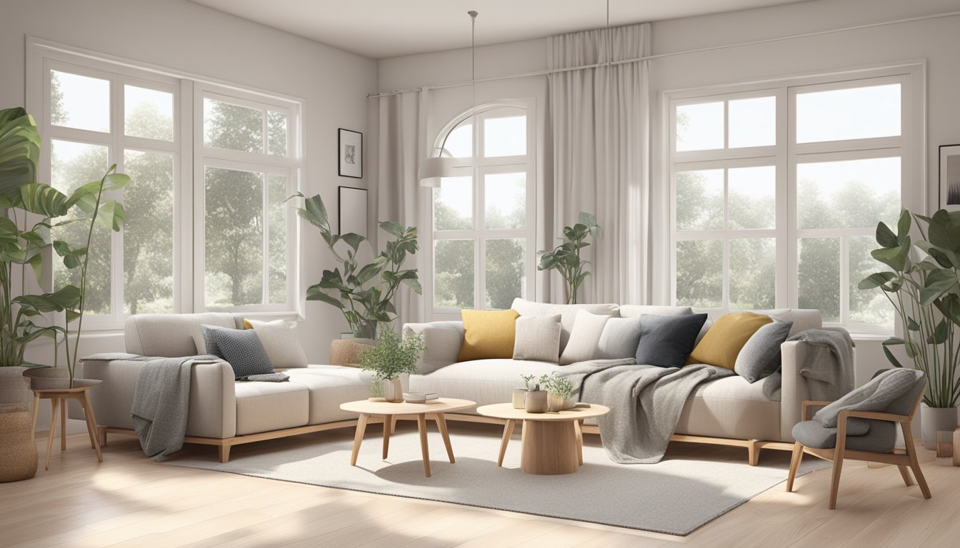 A cozy Scandinavian living room with minimalistic furniture, light wood floors, and neutral color palette. Large windows allow natural light to fill the space, while plants and textured textiles add warmth