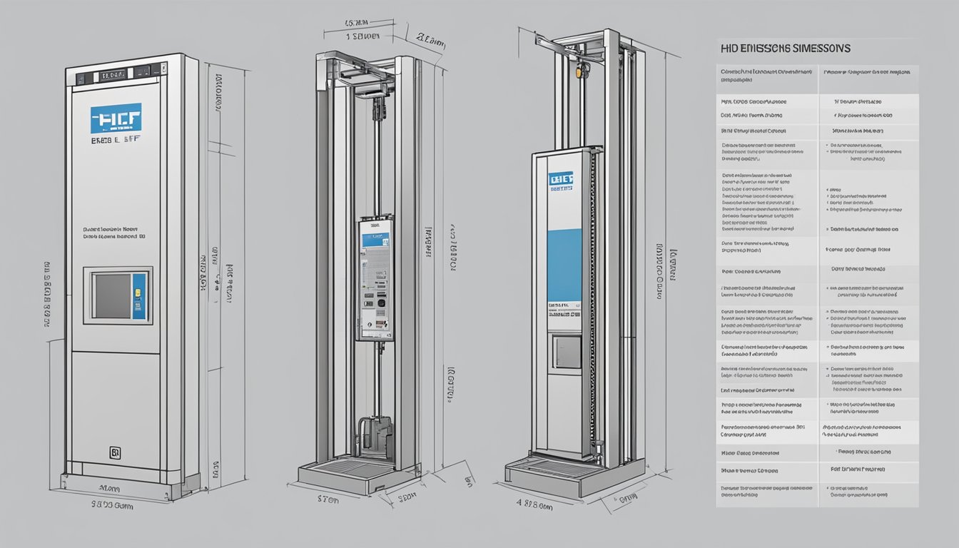 The hdb lift dimensions are clearly labeled on a safety placard, with technical specifications listed below
