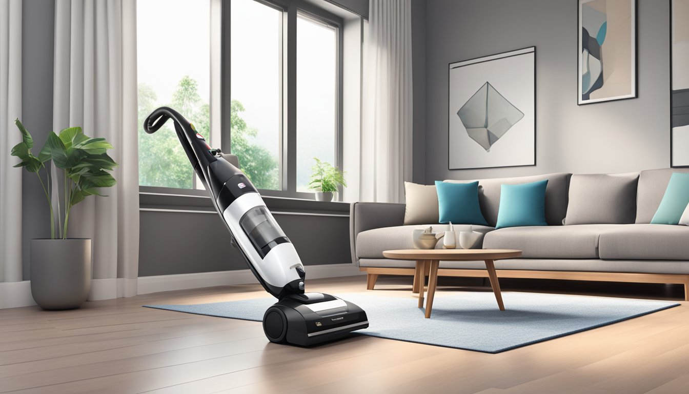 A modern vacuum cleaner stands in a tidy living room, its sleek design and advanced features highlighted. A price tag in Singapore dollars is visible nearby