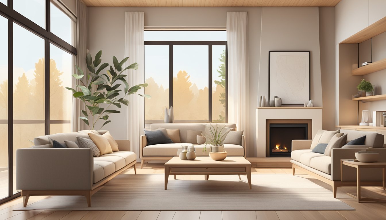 A warm, minimalist living room with light wood furniture, neutral colors, and cozy textiles. A large window lets in natural light, and a fireplace adds a touch of coziness