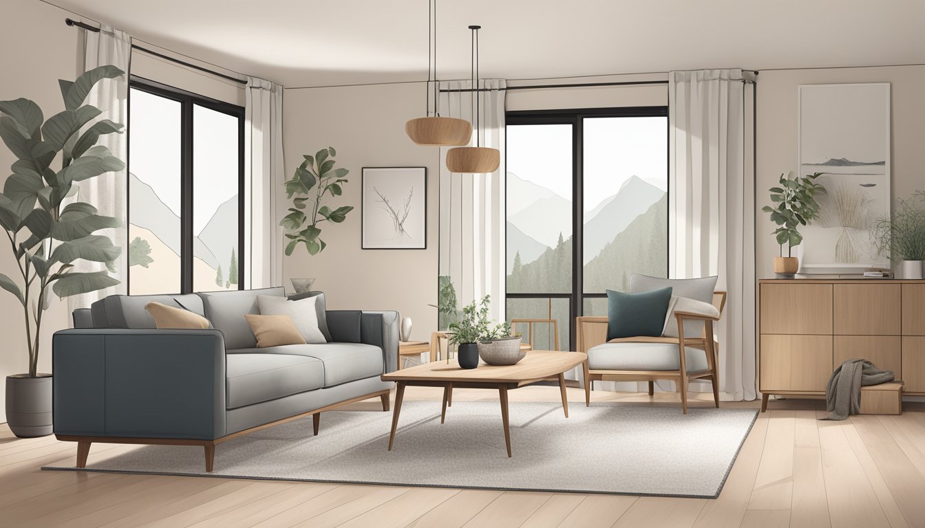A cozy living room with minimalist Scandinavian design, featuring a neutral color palette, clean lines, and natural materials like wood and leather