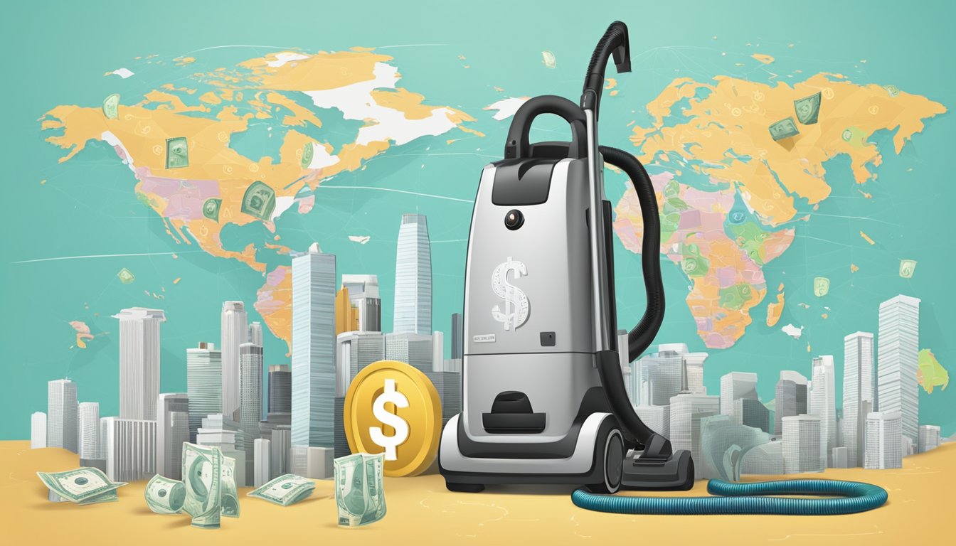 A vacuum cleaner surrounded by question marks and dollar signs, with a map of Singapore in the background
