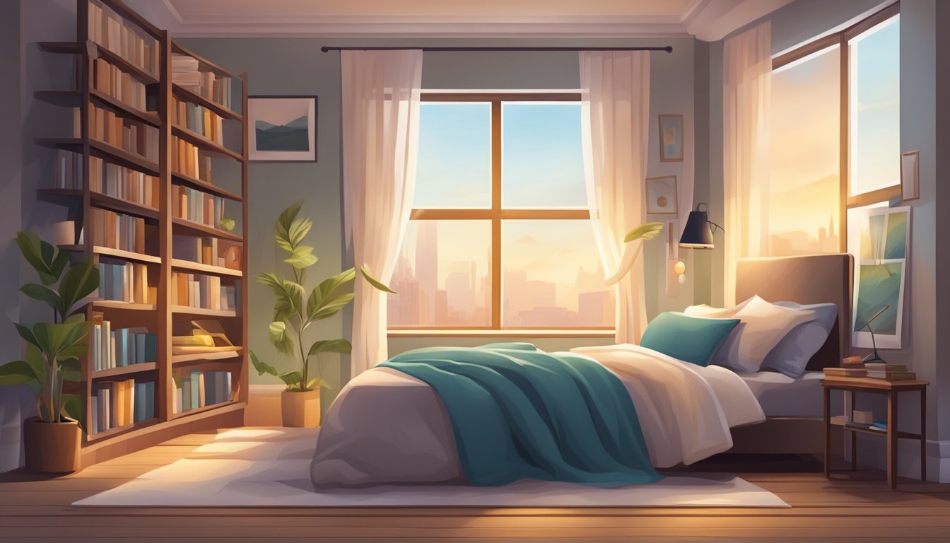 A cozy bedroom with a large window, a comfortable bed with soft blankets, a small nightstand with a lamp, and a bookshelf filled with books