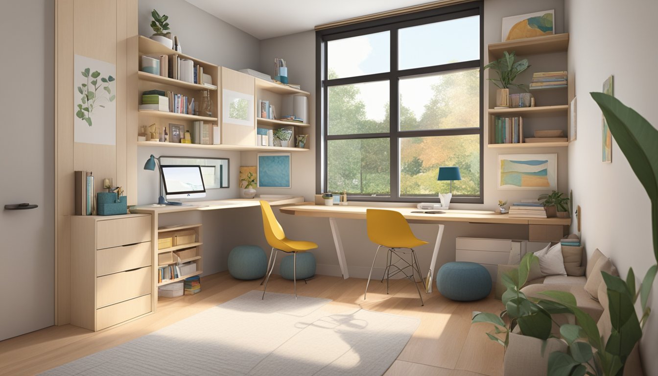 A single bedroom with a loft bed, built-in storage, and a fold-down desk to maximize space. A large window lets in natural light, and a neutral color scheme creates a sense of openness