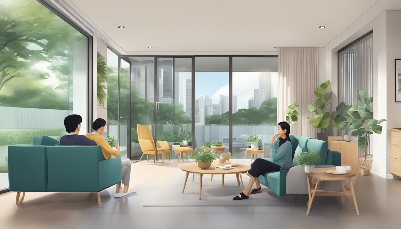 A modern Singaporean home with a prominent OCBC logo, a family discussing home loan details with a bank representative