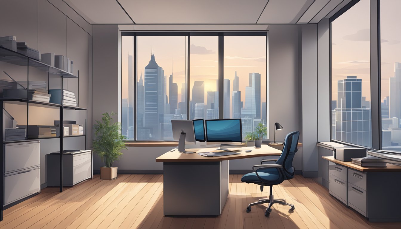 A modern, sleek office setting with a desk, computer, and paperwork. A city skyline visible through the window