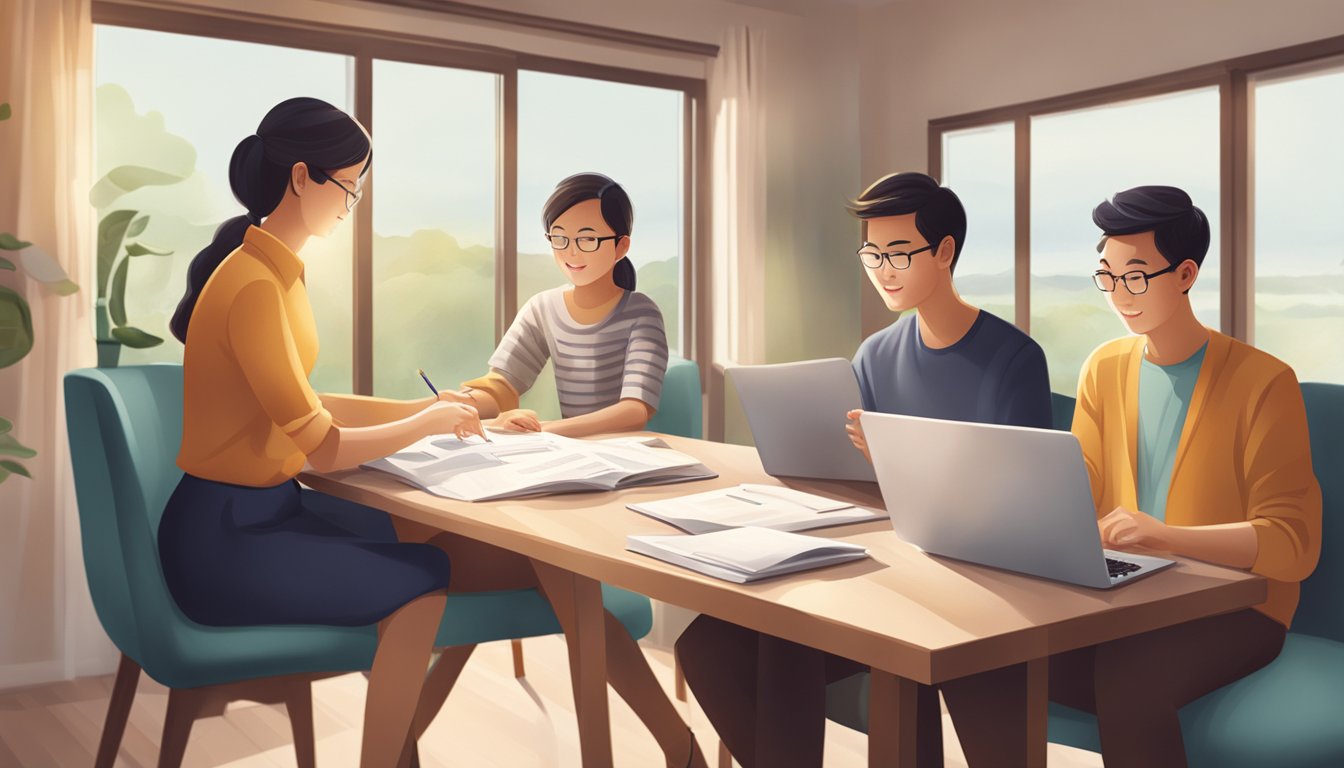 A family sits at a table, reviewing documents with the OCBC logo. A laptop and calculator are nearby. The scene is warm and inviting, with natural light streaming through the window