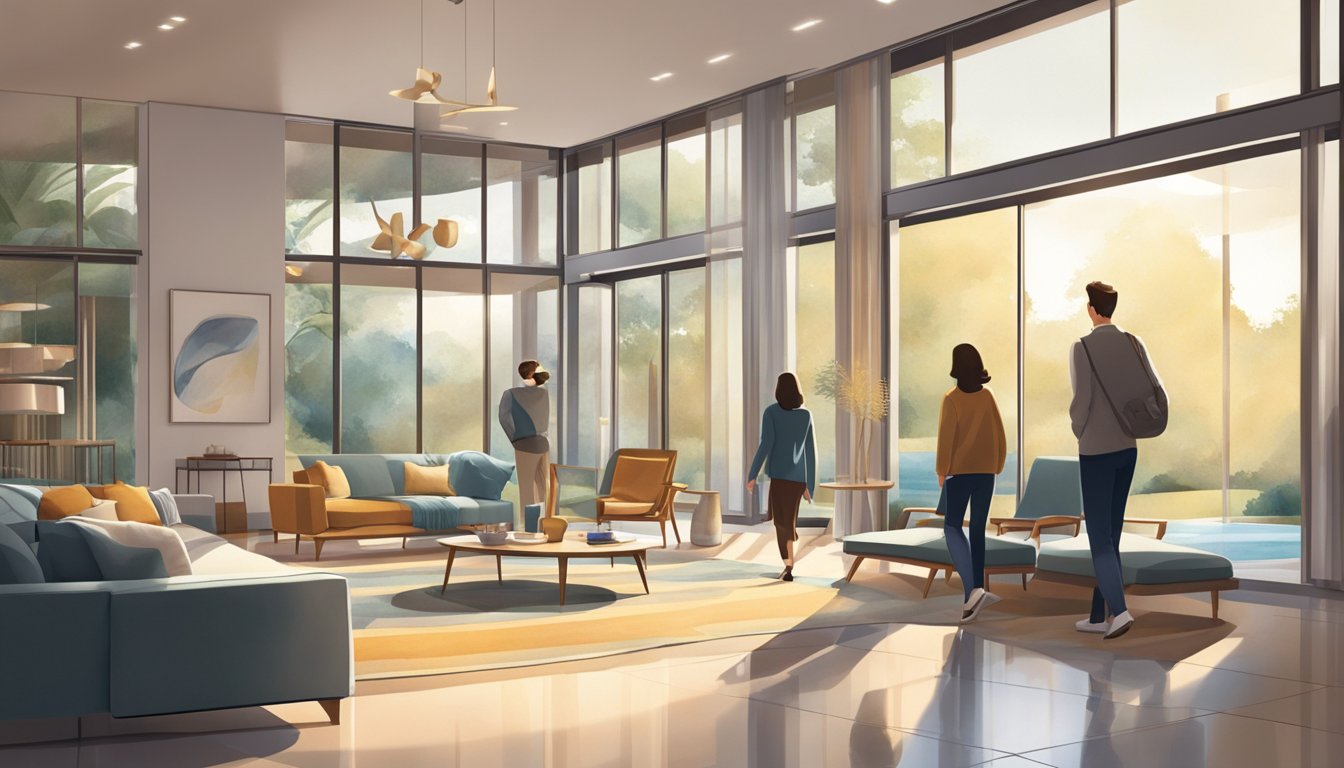 A family walks through a modern, spacious home. They admire the sleek design and natural light streaming in through the large windows. The scene conveys a sense of comfort and luxury