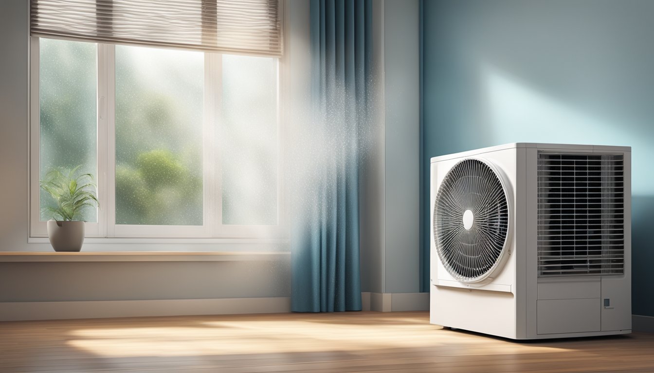 A Daikin air conditioner in dry mode, with water droplets forming on the cooling coils and a dry atmosphere in the room