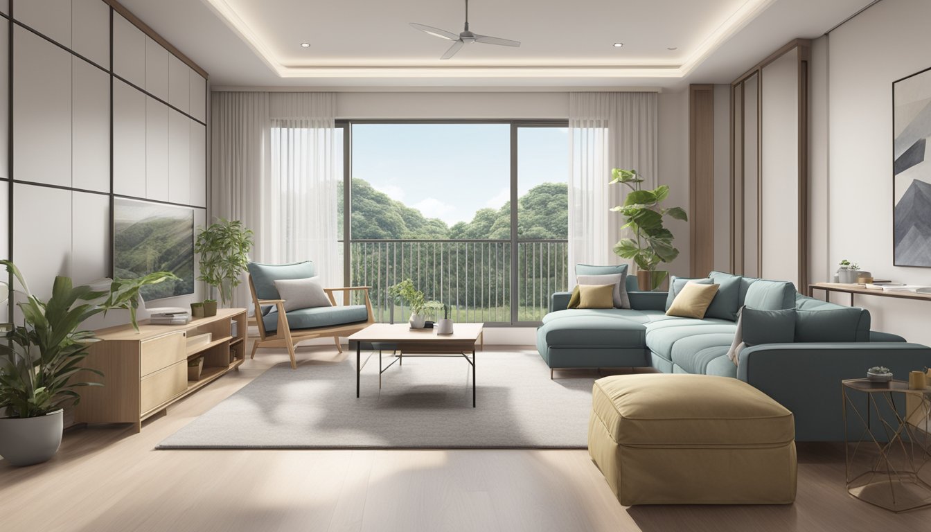A modern, spacious HDB apartment with clean lines and natural light streaming in through large windows. The interior is tastefully decorated with contemporary furniture and minimalist decor