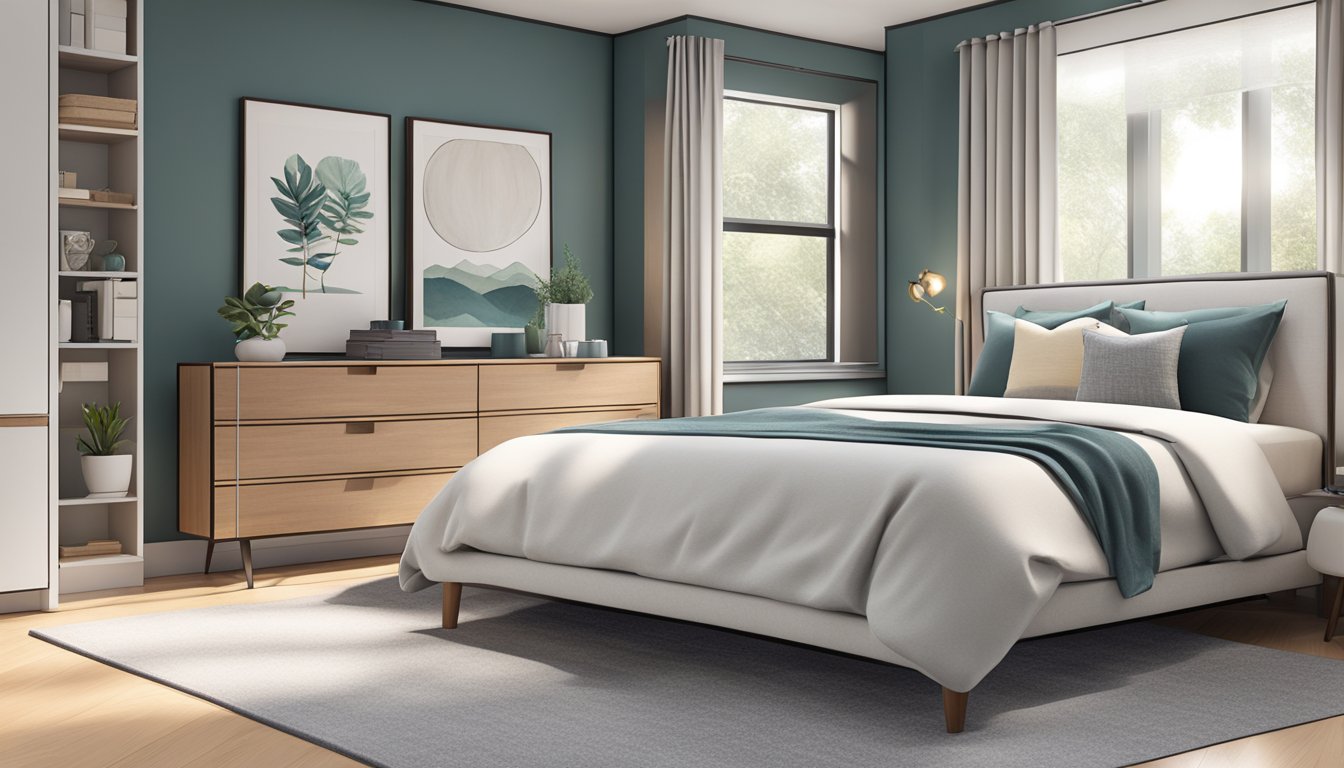 A cozy bedroom with a modern bed, sleek furniture, and stylish decor. Functional storage solutions and a calming color palette complete the design