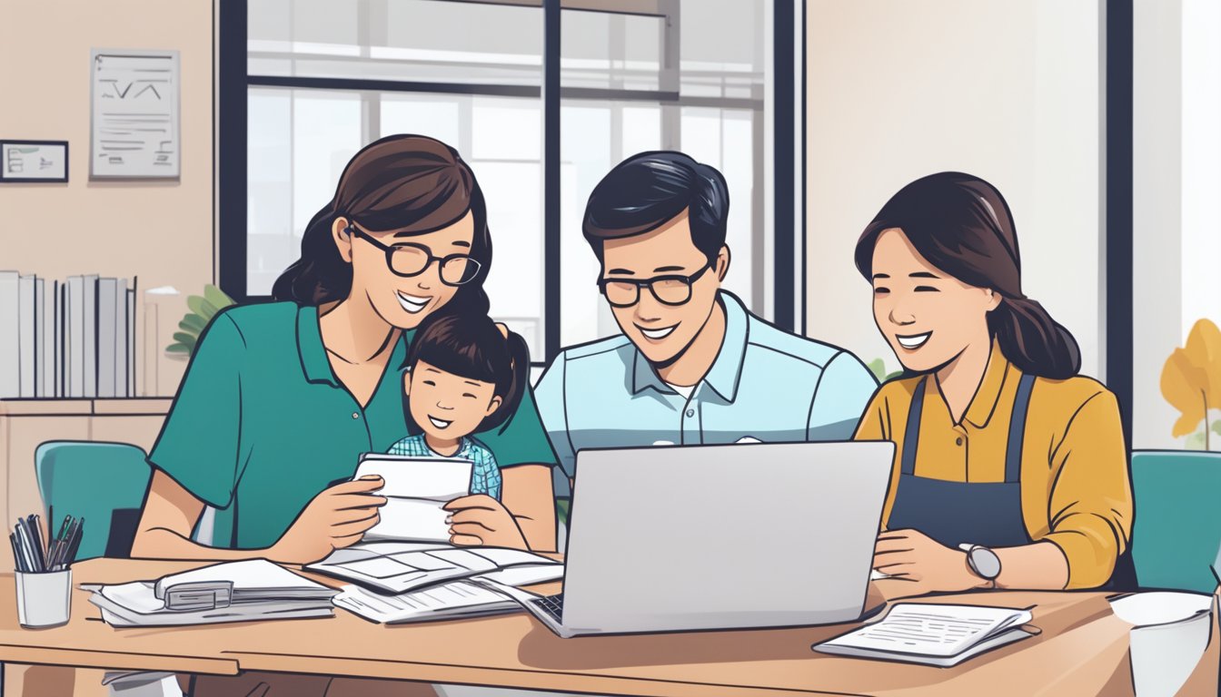 A family sits around a table, discussing OCBC Home Loan options. A laptop shows the bank's website, while paperwork and calculators are spread out