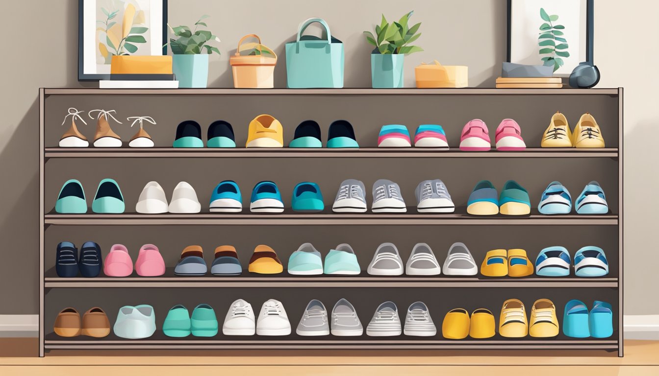 A plastic shoe rack in a tidy Singaporean home, holding various pairs of shoes in an organized manner