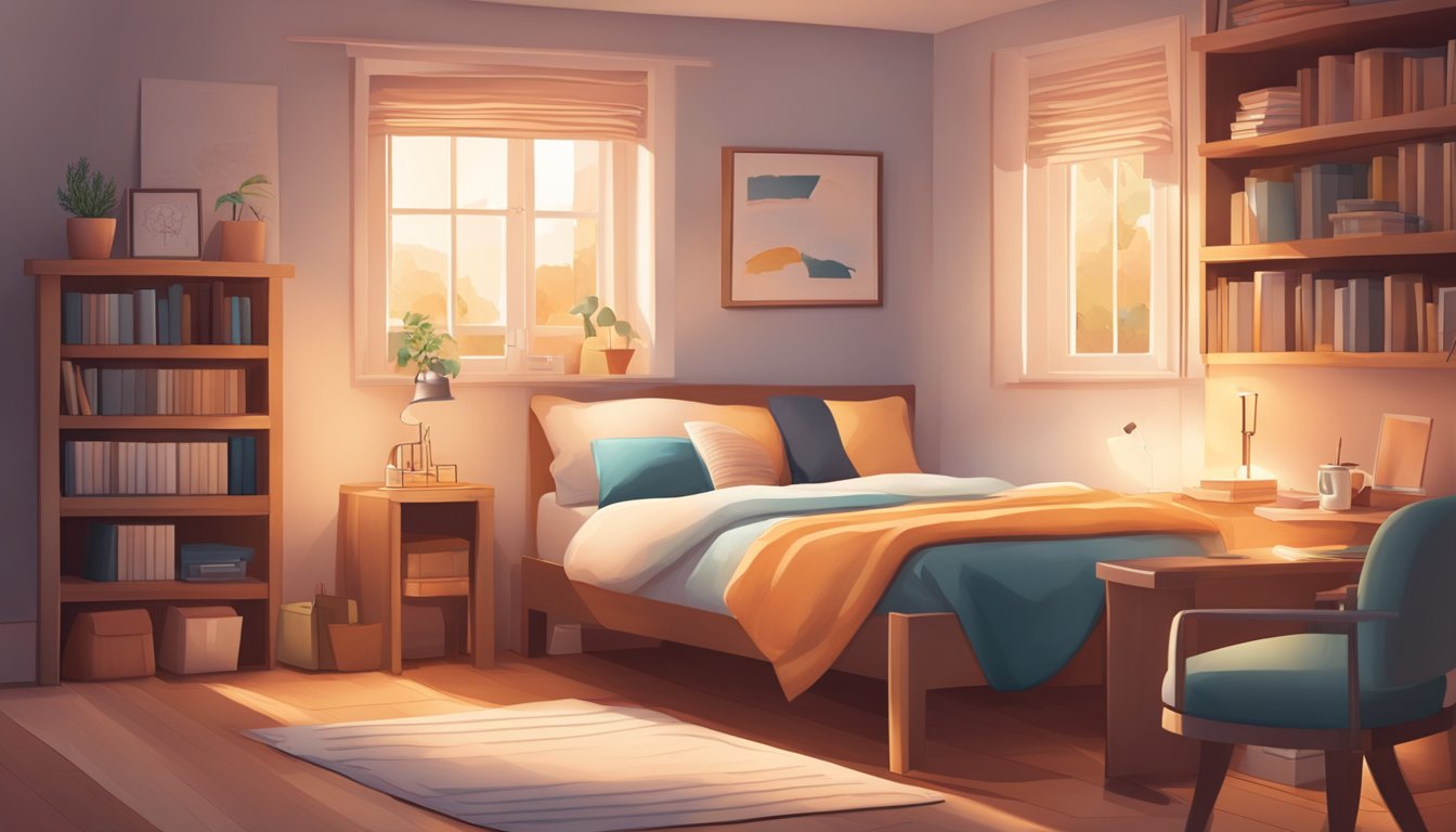 A cozy bedroom with a single bed, small desk, and bookshelf. Soft lighting and warm colors create a welcoming atmosphere