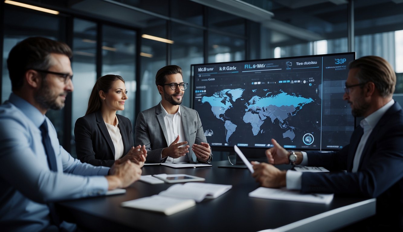 A virtual meeting in progress, with participants engaged and focused on the discussion. Screens displaying charts and graphs, while a timer keeps track of the meeting time