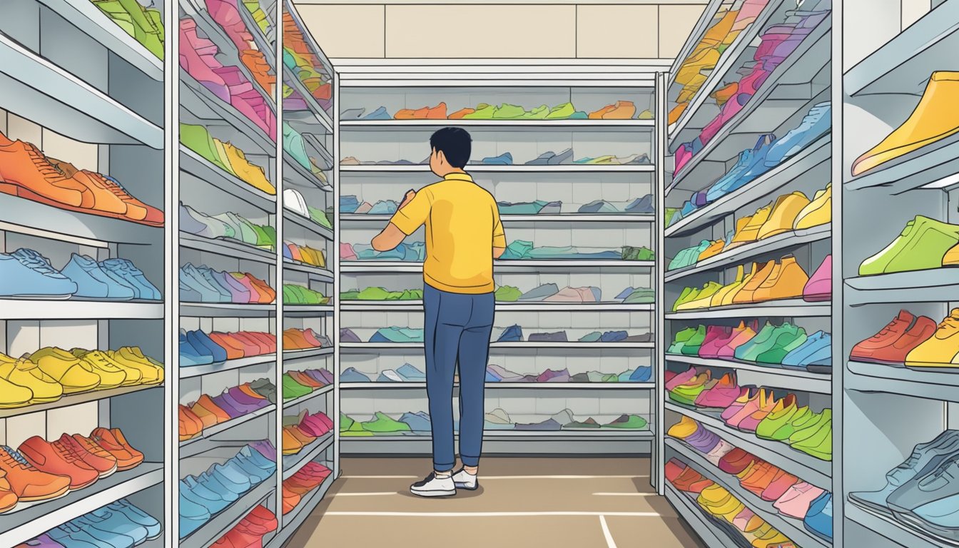 A person examines plastic shoe racks in a Singapore store