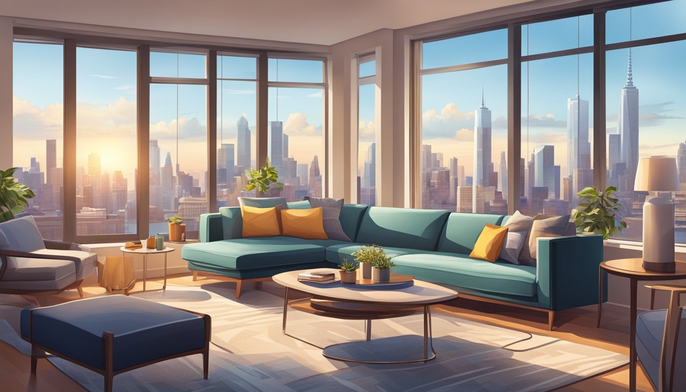 A cozy living room with a comfortable sofa and a sleek coffee table, surrounded by large windows with a view of a bustling city skyline