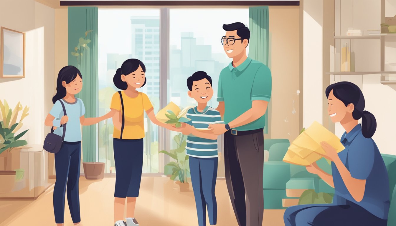 A family happily moves into their new HDB or private home, while a friendly OCBC loan officer explains the features and benefits of their new purchase loan