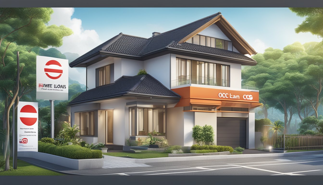 A house with a prominent OCBC Home Loan sign, surrounded by promotional banners and special features information