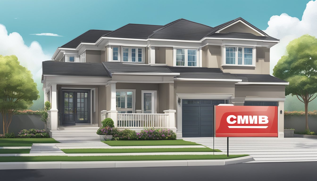 A house with a clear view of its surrounding neighborhood, with a prominent CIMB Private Property Loan sign displayed in the front yard