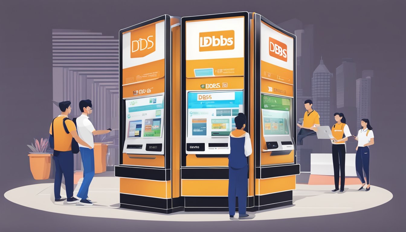 A modern digital kiosk with the DBS Cashline logo prominently displayed, surrounded by a sleek and professional support team assisting customers in Singapore