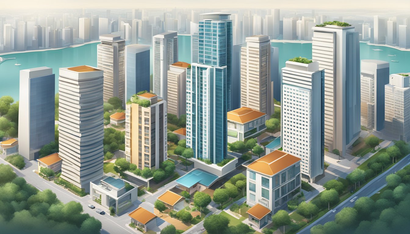 A modern cityscape with a mix of high-rise apartment buildings and private homes, with the OCBC bank logo prominently displayed