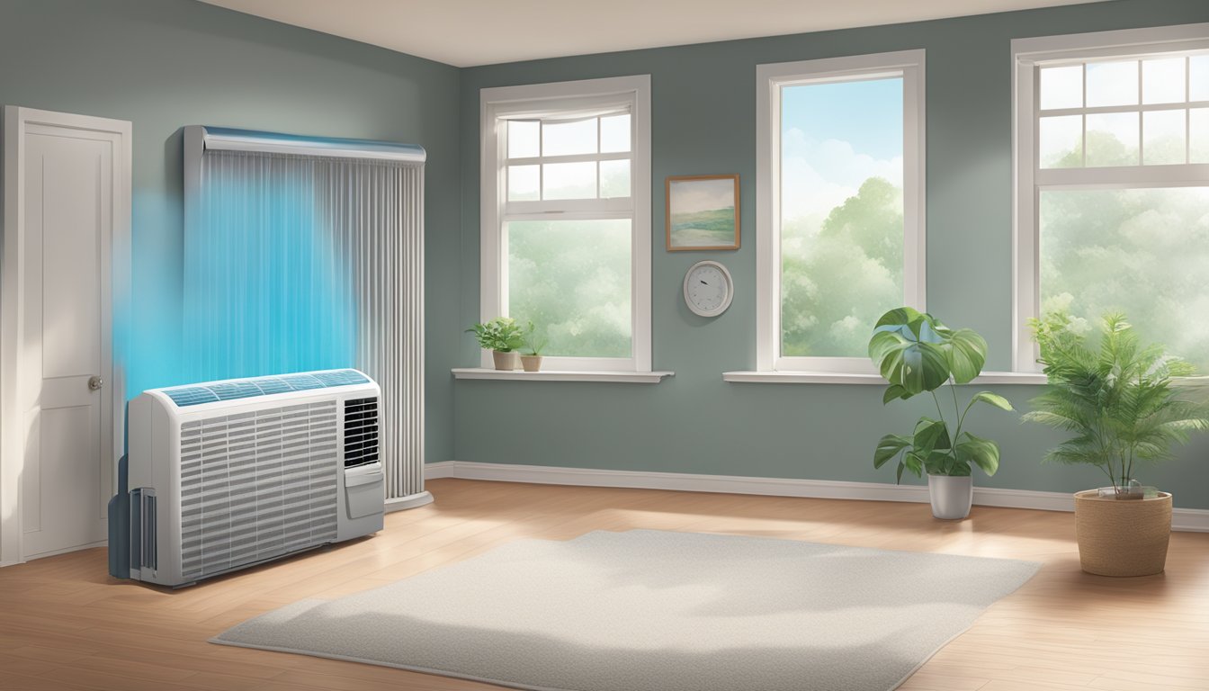 A room with a Daikin air conditioner set to dry mode, showing reduced humidity and comfortable indoor environment