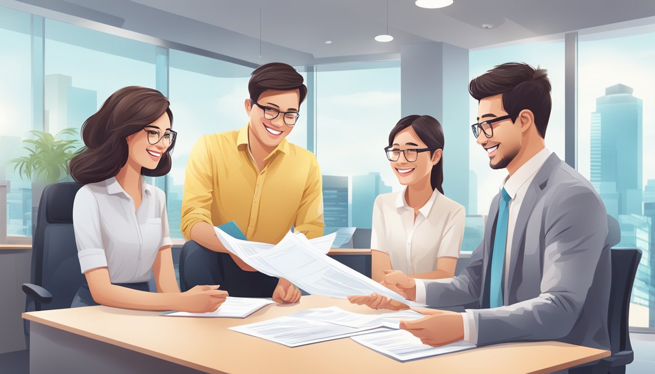 A smiling couple receives loan approval papers from an OCBC representative in a bright, modern office