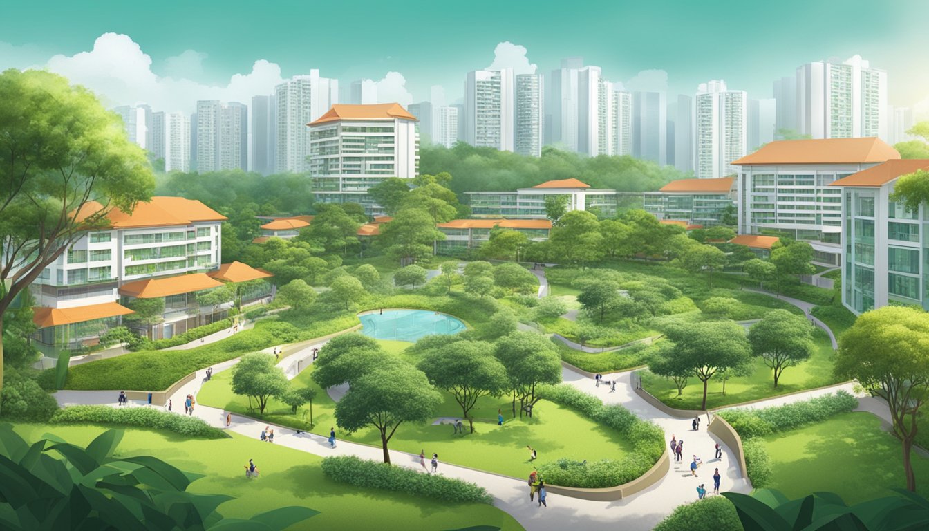 A lush green park with HDB and private homes in the background, showcasing OCBC's commitment to a greener Singapore