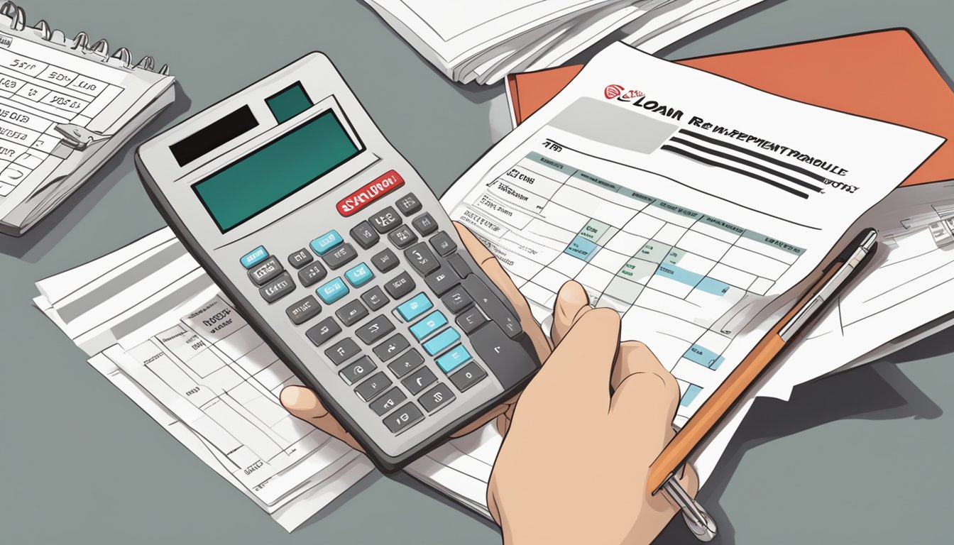A hand holding a loan repayment schedule with a CIMB logo, a calculator, and a private property in the background