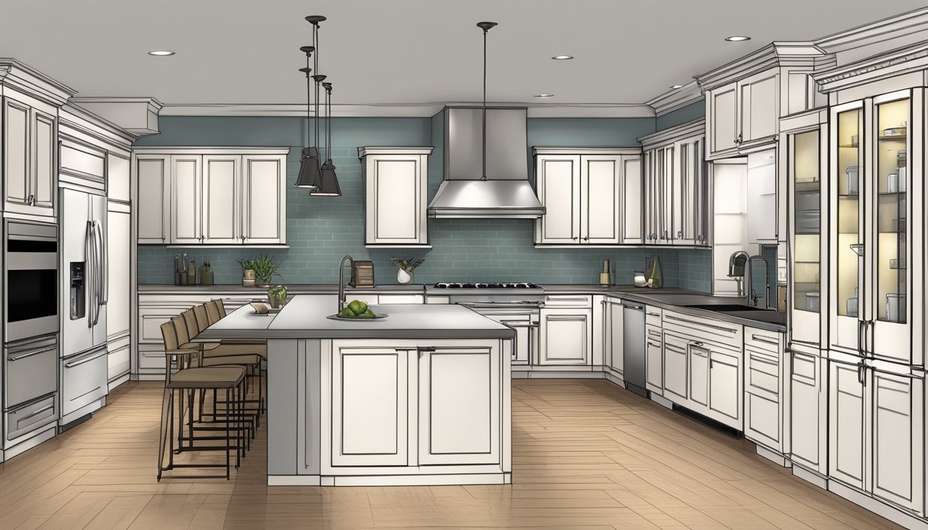 The kitchen is organized with ample storage, efficient work triangle, and multifunctional island. Bright lighting and sleek, modern appliances complete the functional design