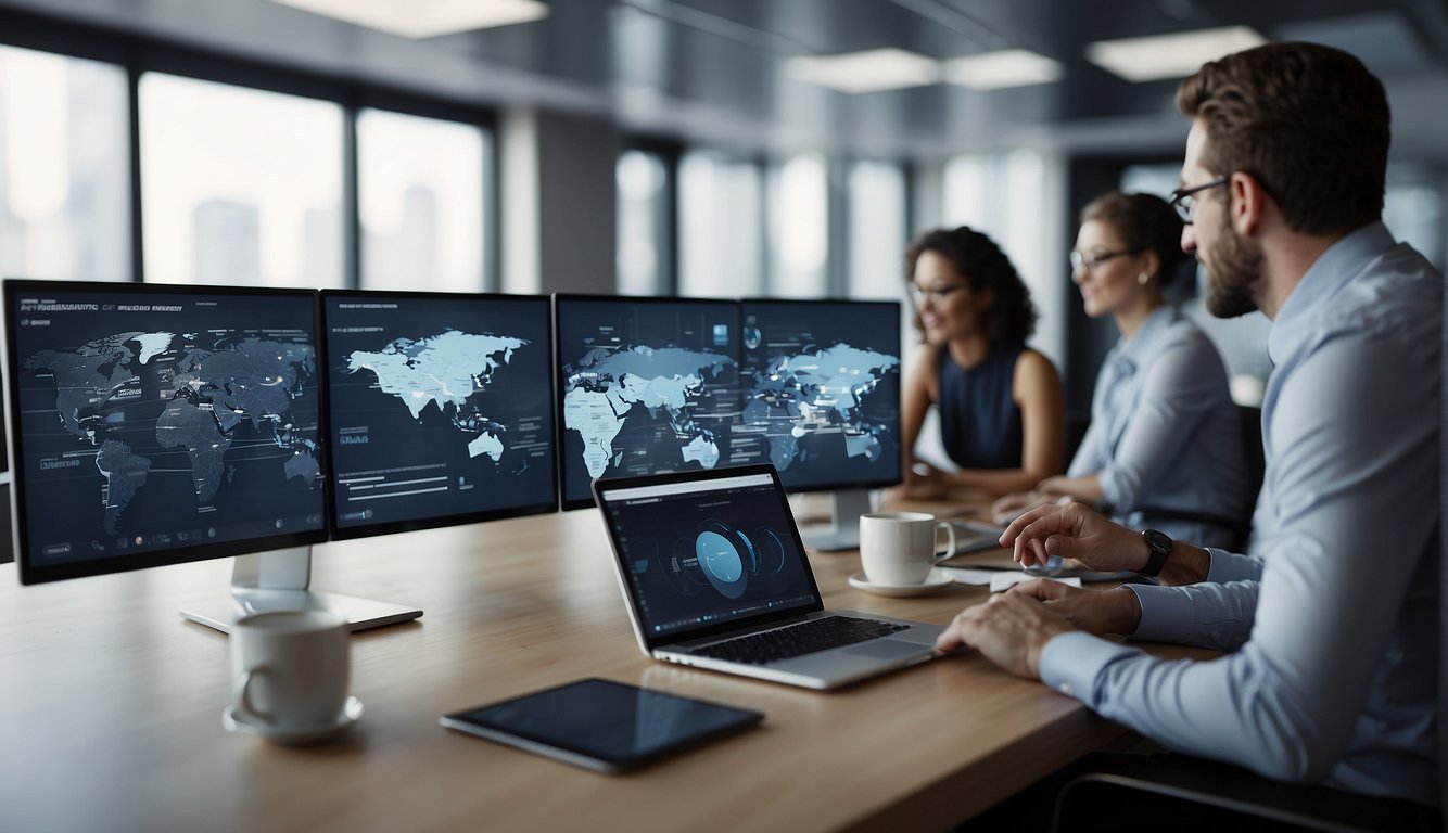 A virtual meeting in progress, with multiple screens displaying participants engaged in discussion. A clock or timer visible to indicate time management