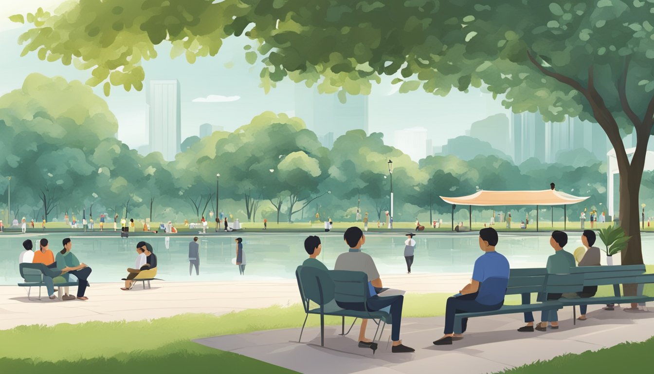 People sitting in a serene park, with signs reading "Quiet Hours" in Singapore. A peaceful atmosphere with no loud noises