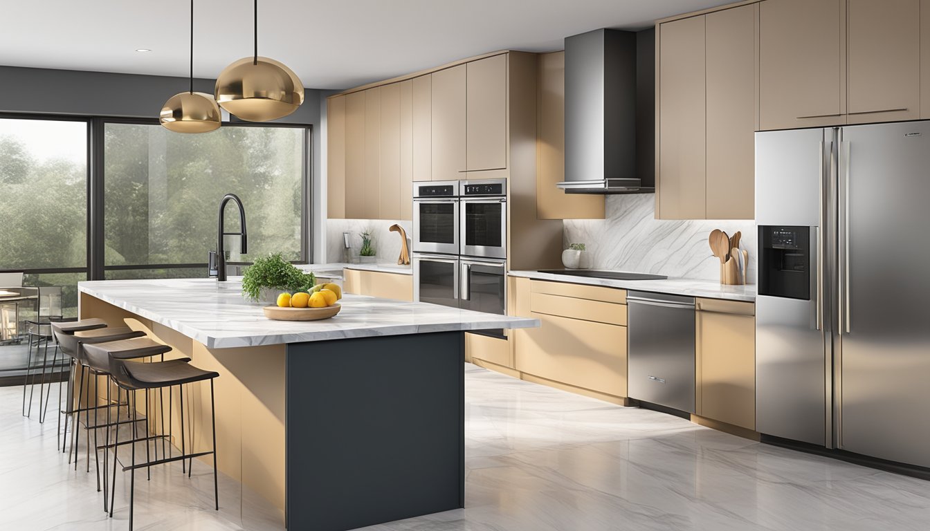 A modern kitchen with sleek cabinets, marble countertops, and stainless steel appliances. Aesthetic balance of form and function