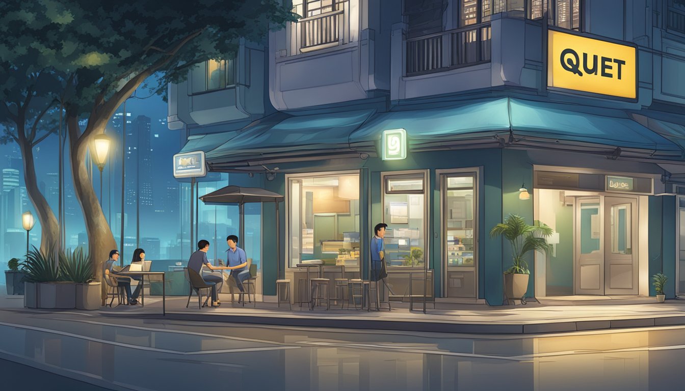 A serene Singaporean night scene with a "Quiet Hours" sign displayed prominently in a public area