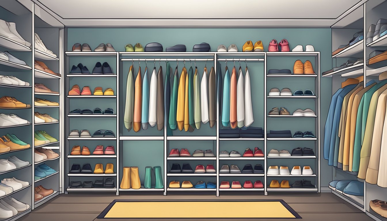 A plastic shoe rack in a tidy, organized closet with multiple shelves and compartments, holding various pairs of shoes in an orderly manner