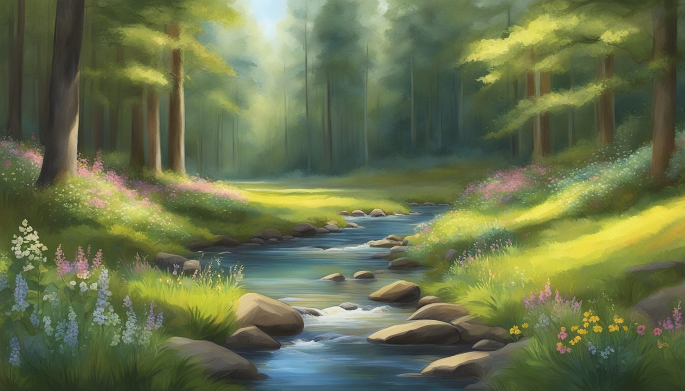 A serene forest clearing with a babbling brook, dappled sunlight, and vibrant wildflowers