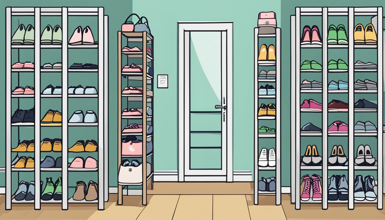 A plastic shoe rack stands in a tidy Singaporean home, neatly organizing various pairs of shoes. The rack is labeled with "Frequently Asked Questions" for easy reference