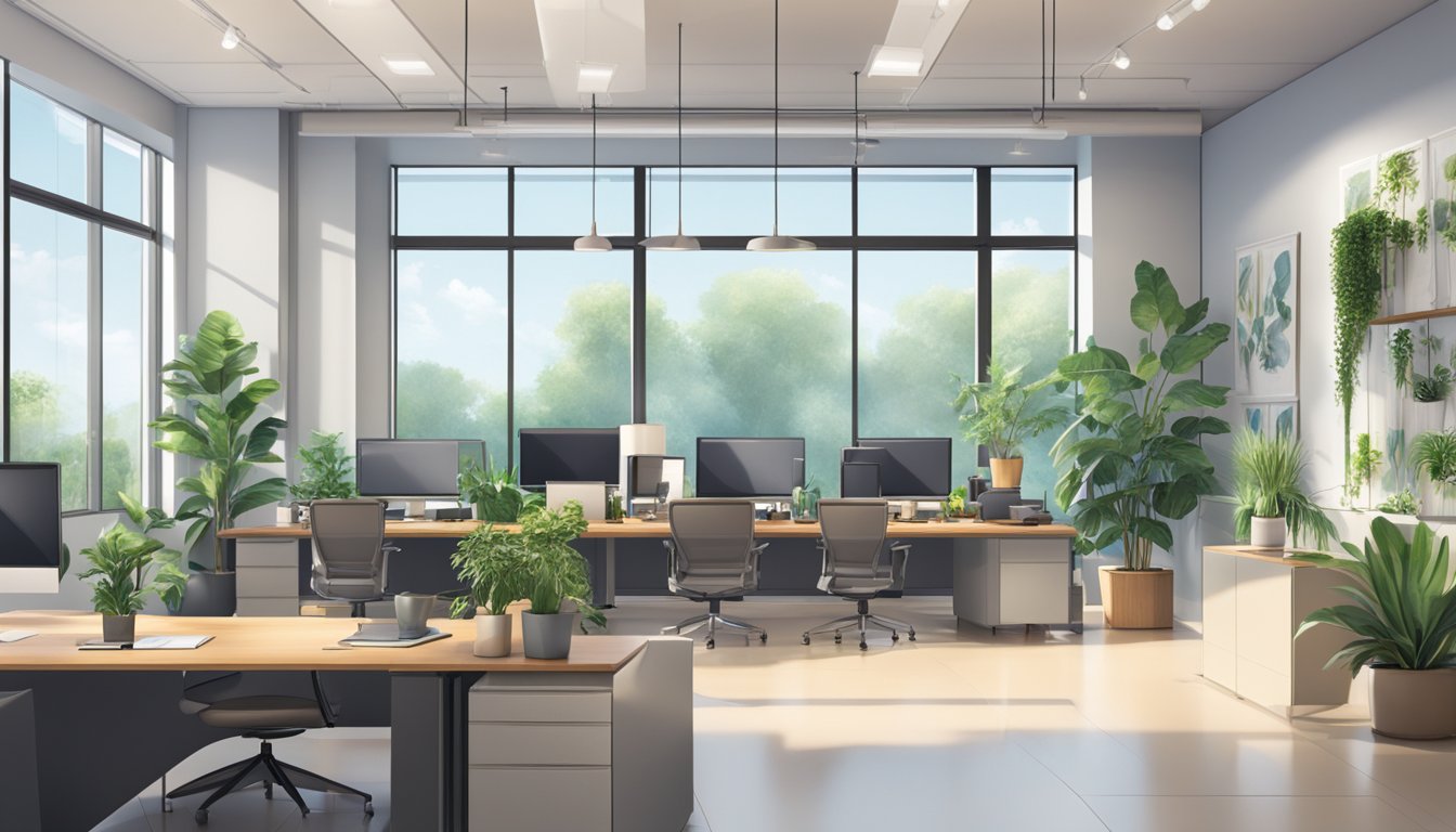A modern office space with sleek furniture, open floor plan, and abundant natural light. Plants and artwork adorn the walls, creating a calm and inviting atmosphere