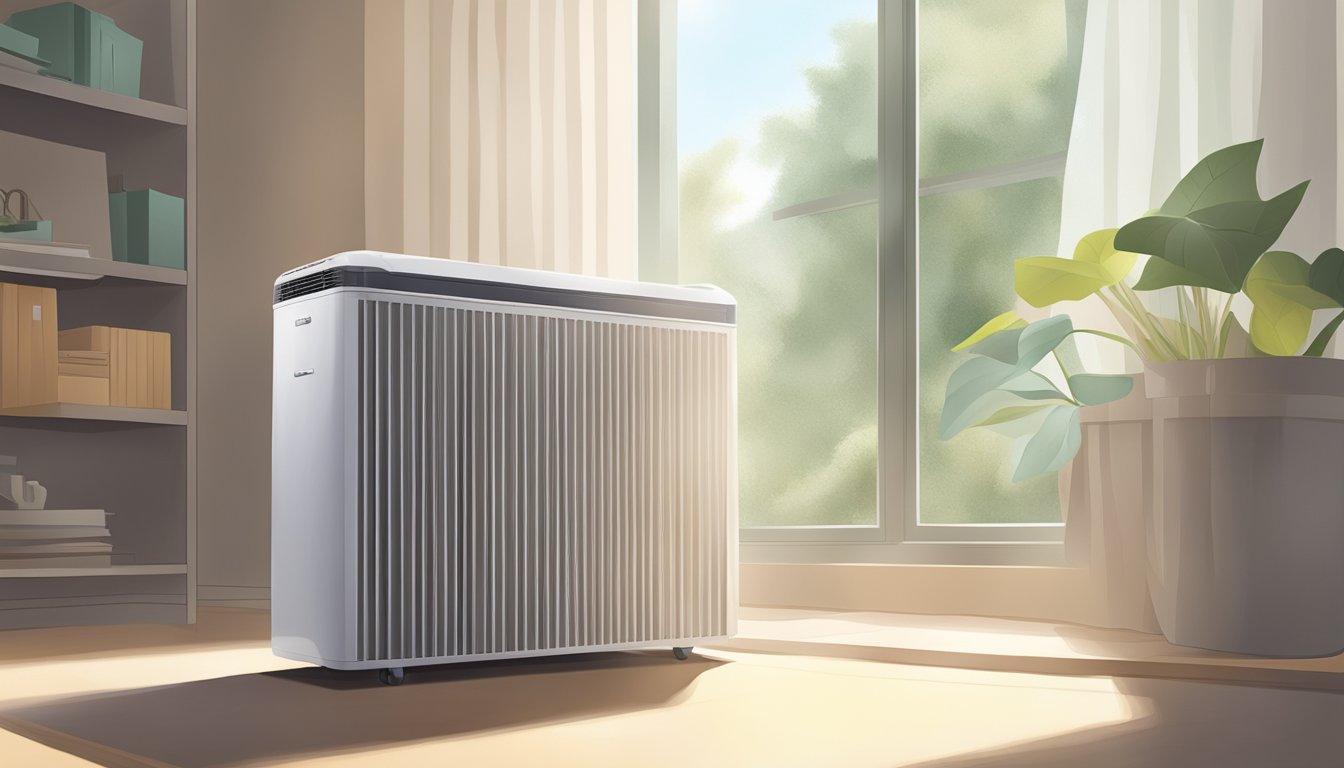 A sleek AC cooler hums quietly in a sunlit room, surrounded by a gentle breeze and cool air