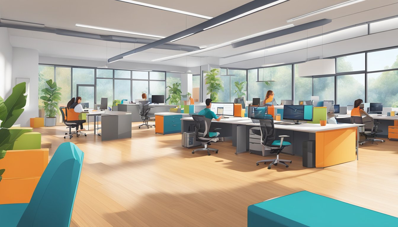 Sennex's workplace: open floor plan, vibrant colors, standing desks, collaborative spaces, and natural light