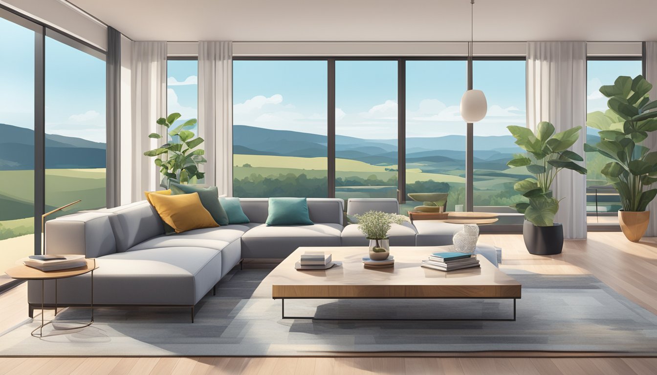 A spacious living room with sleek, minimalist furniture, high-end art pieces, and large windows overlooking a scenic landscape