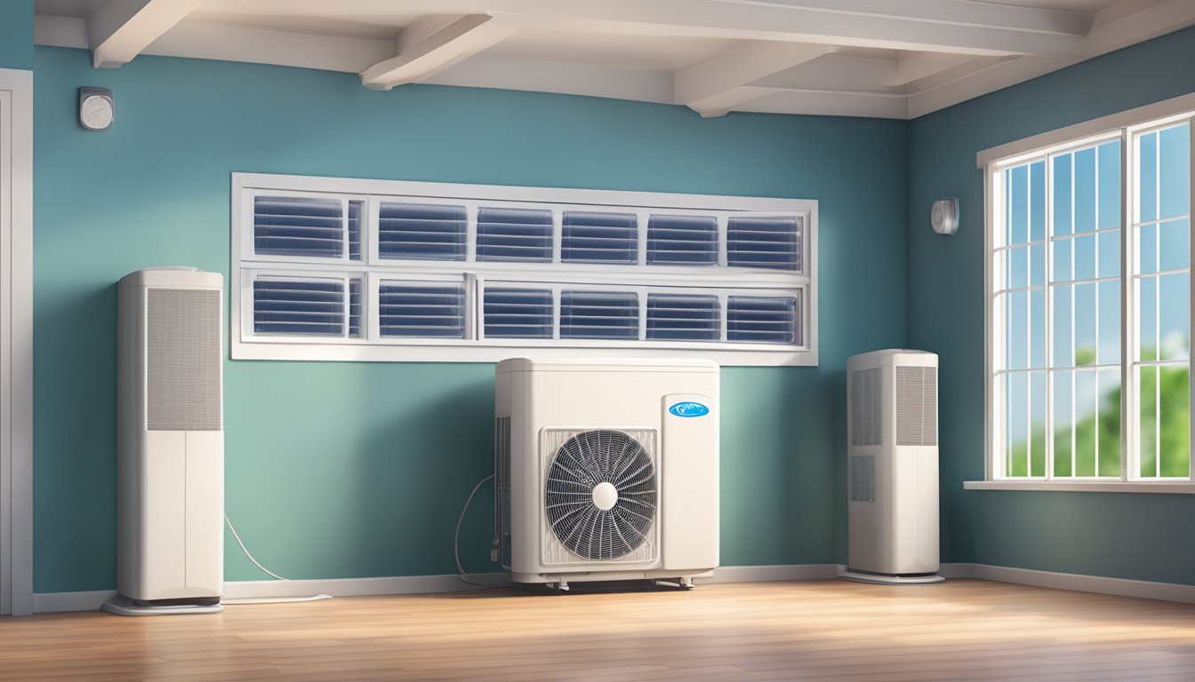 A room with an AC cooler installed on the wall, emitting cool air and creating a comfortable environment