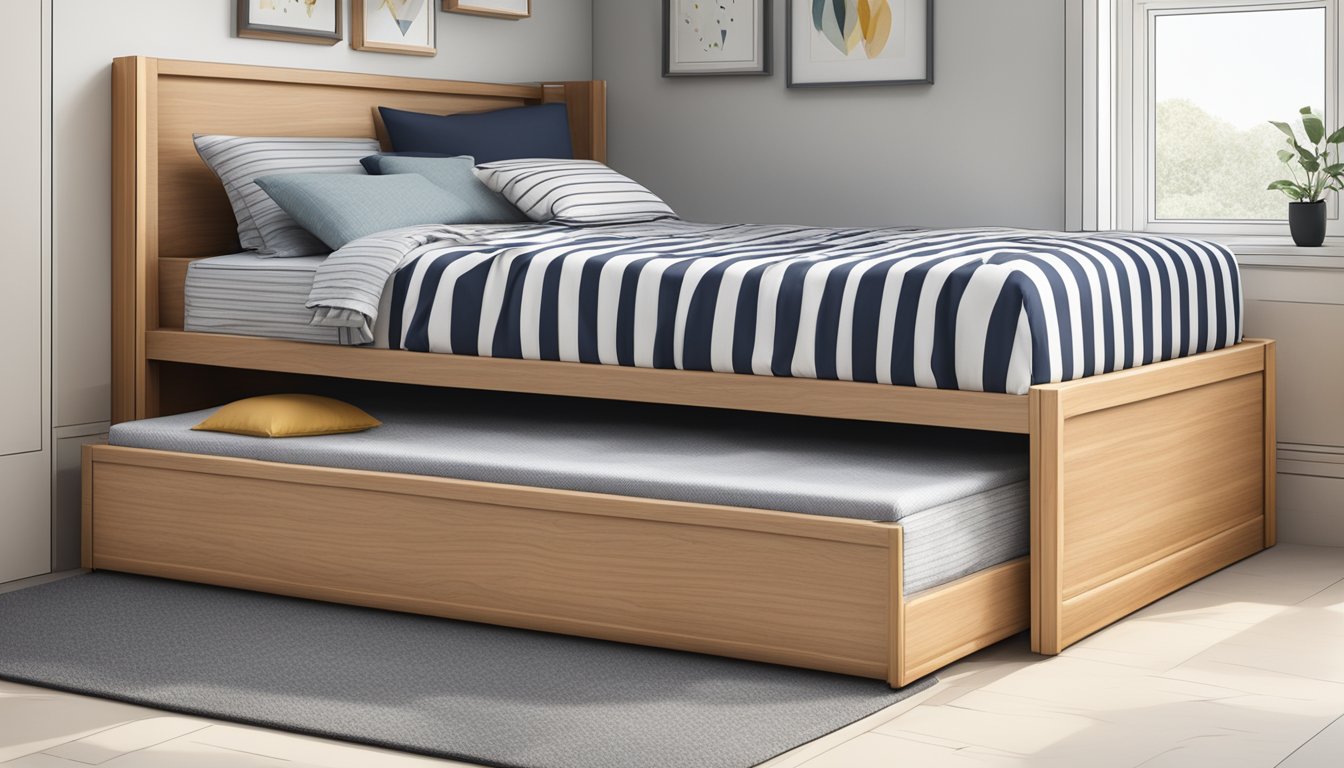 A single bed with a pull-out trundle underneath, neatly made with a striped duvet and matching pillows